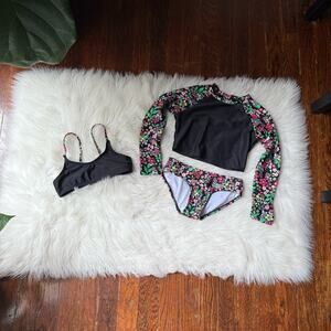 Girls Floral Swimsuit with Rashguard Black & Pink